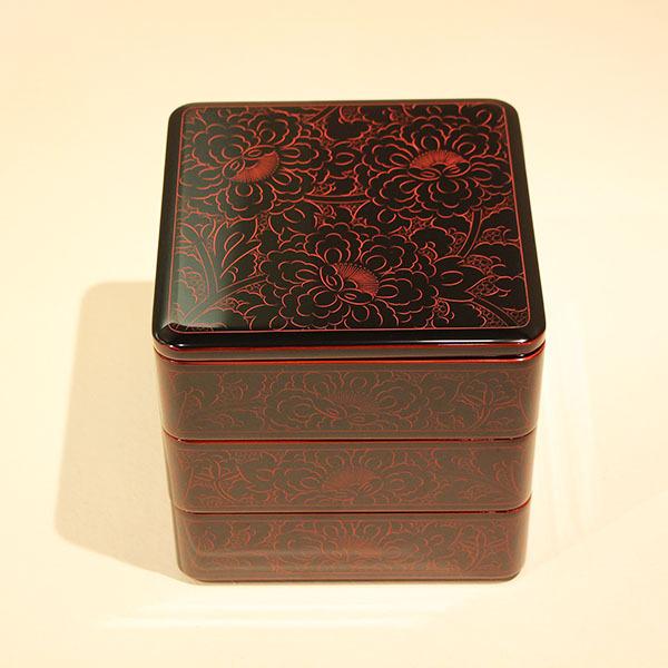 重箱 3段 木製 漆塗り 溜内朱 牡丹 朱沈金 6.5寸 日本製 越前漆器 越前