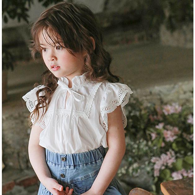 ブラウス 半袖 袖フリル レース ヨーク リボン キッズ 女の子 トップス
