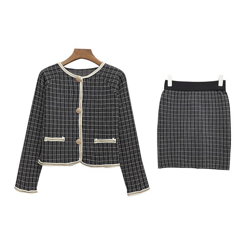 即納 華やか ツイード調 チェック柄 ニット素材 お嬢様 スーツ