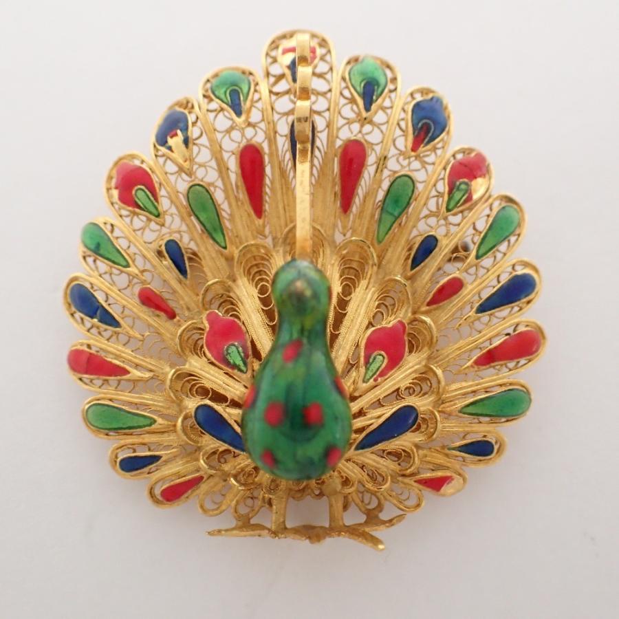 純金 99刻印 孔雀/ピーコック ブローチ イエローゴールド/マルチカラー