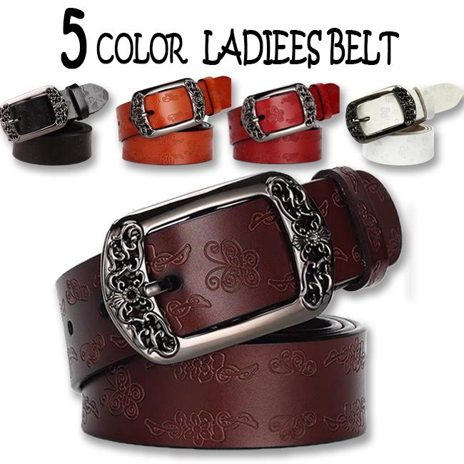 本革 レザー レディース ベルト 蝶柄 花柄 クラフト 3カラー