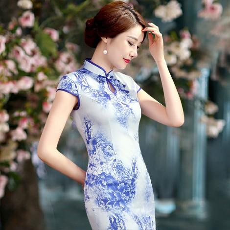 チャイナドレス 花柄 半袖 シルク素材 ロッグ丈 ショート丈 チャイナ服