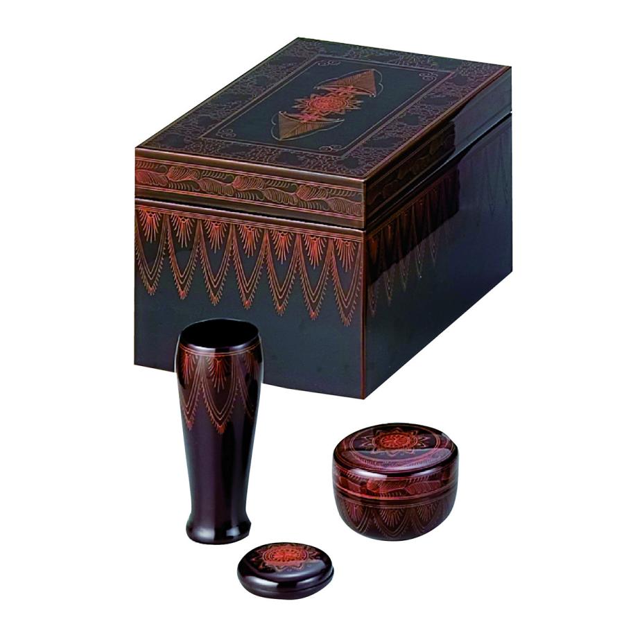 ほぼ未使用 茶道具 黒面朱利休茶箱 セット 茶碗 棗 茶筅 振出 巾筒