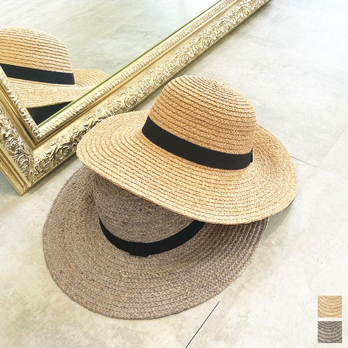ストローハット つば広 麦わら帽子 レディース 天然ラフィア 無地
