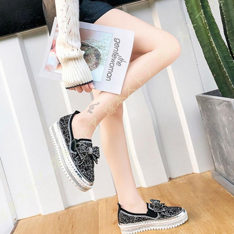 スリッポン レディース スニーカー 厚底 モカシン シューズ リボン付き