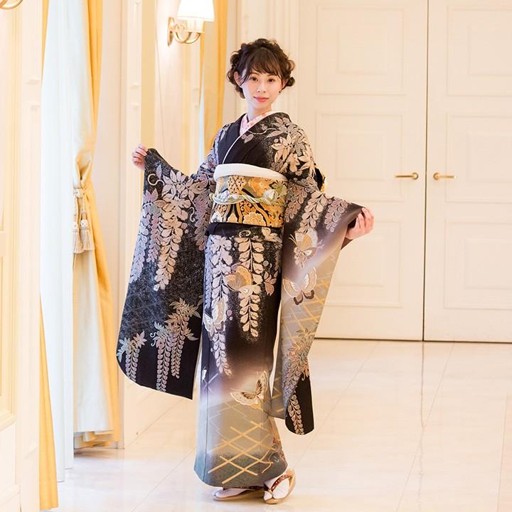 高級正絹 振袖レンタル 送料無料 FS-011 黒系 振袖 成人式 レンタル