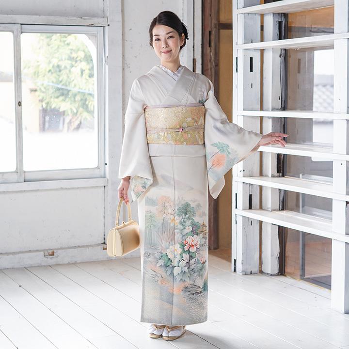 レンタル フルセット 高級正絹 訪問着 HO-MI224 白練色 金閣寺と庭園