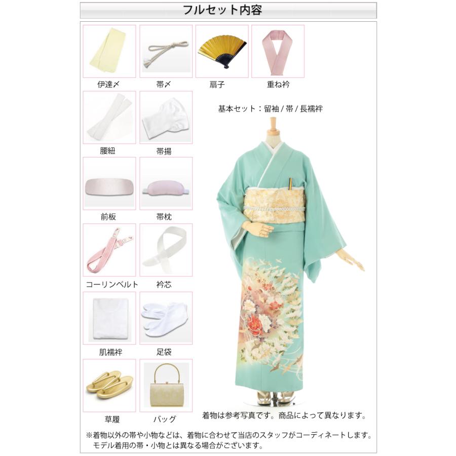 レンタル フルセット 高級正絹 訪問着 HO-FU304 霞色・若草色 椿と菊