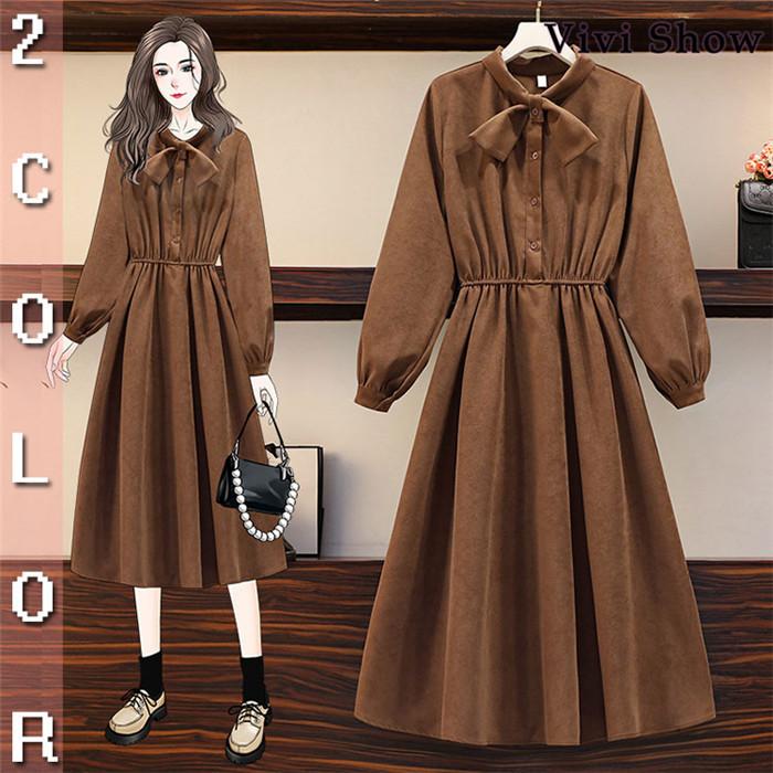 レディース ワンピース 膝丈 Aラインワンピース リボン付き 腰絞り