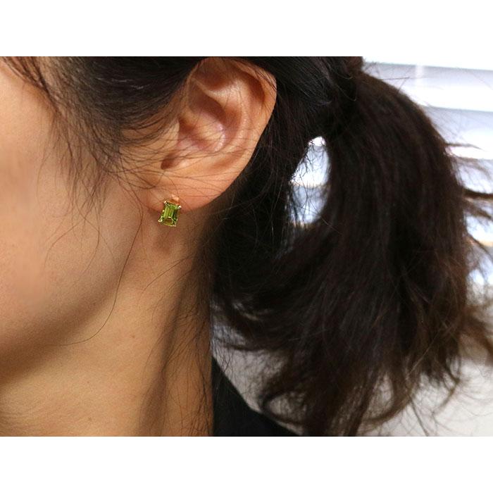 ペリドット 角エメラルドカットの一粒 K18YGゴールドピアス スタッド