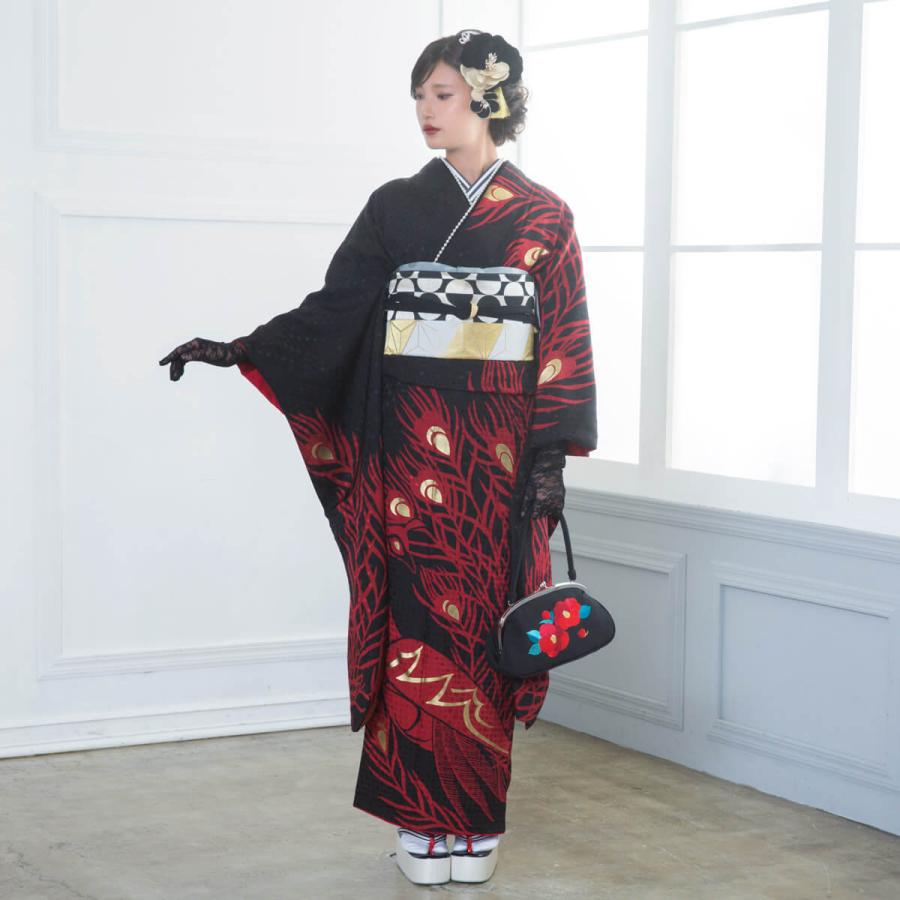 振袖レンタル モダンアンテナ 黒 孔雀(絹) 成人式 結婚式 モデル着用