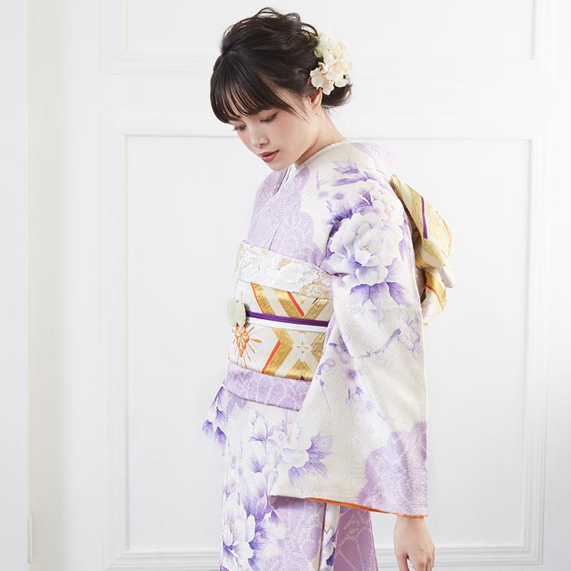 振袖 レンタル 成人式 結婚式 絞り 水彩 紫 牡丹に梅花(絹)(宅)モデル