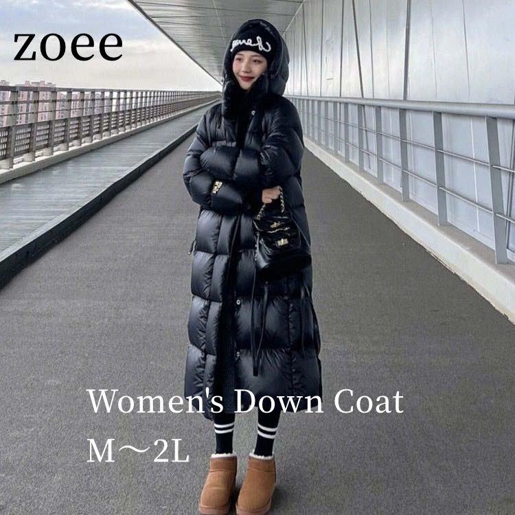 フード付き グースダウンコート リブ袖 ロング丈 レディース 冬 黒