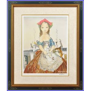 藤田嗣治 リトグラフ 額装 「 猫を抱く少女 」 レオナールフジタ 72