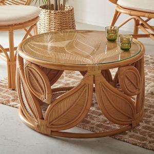 今枝商店 ラタンテーブル 円形 ガラス天板 棚付 籐家具 直径60cm
