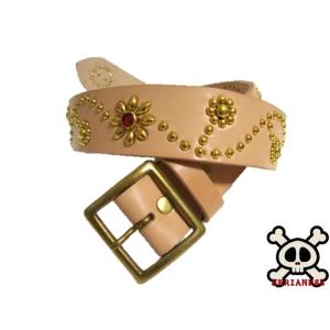 栃木レザー フラワー型 スタッズベルト ナチュラル パープルスポッツ