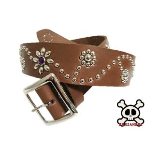 栃木レザー フラワー型 スタッズベルト チョコ アクアブルースポッツ