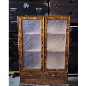 昭和レトロなモールガラス食器棚 昭和中期 古録展 送料別 Iサイズ 中古