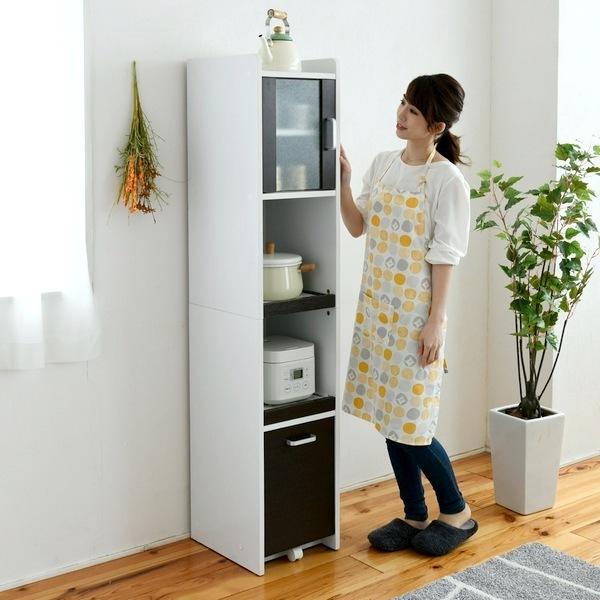 隙間収納 キッチン ミニ 食器棚 幅30 高さ160 ホワイト/ダークブラウン