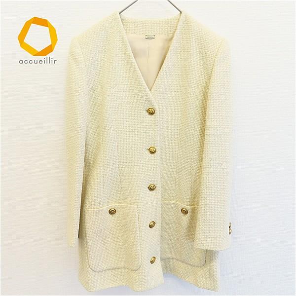 グッチ GUCCI ノーカラー ツイード ジャケット 金ボタン レディース