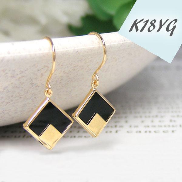 オニキス フック ピアス スクエア K18YG 18金 18k イエロー ゴールド