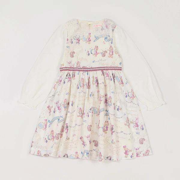 mezzo piano メゾピアノ 鼓笛隊柄 ドッキングワンピース アイボリー