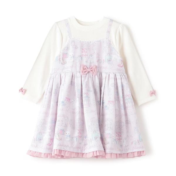 mezzo piano メゾピアノ ショッピング柄 ドッキングワンピース リボン