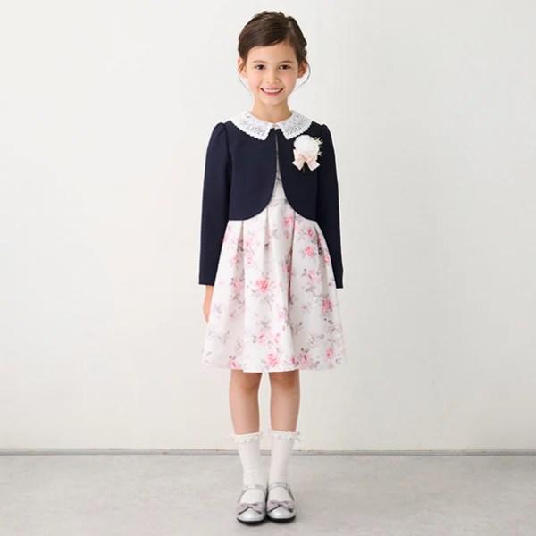petit main プティマイン レース衿花柄OP+JKセット 120 130cm ネイビー