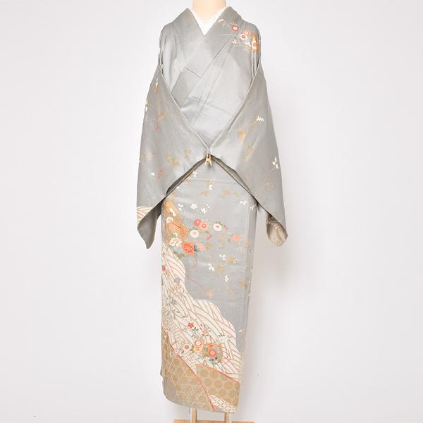 中古品)仕立て上がり 訪問着 「銀鼠 竹垣と流水に秋冬の花と糸車 金駒