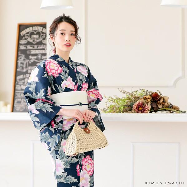 KIMONOMACHI レディース 浴衣2点セット(浴衣+帯)「浴衣 紺色 芍薬+帯