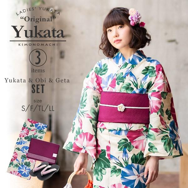 KIMONOMACHI レディース 浴衣3点セット（浴衣＋帯＋下駄） 「浴衣 朝顔