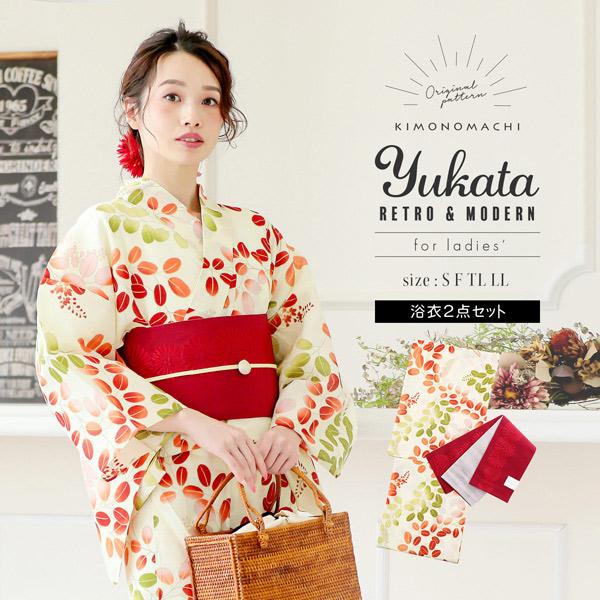 KIMONOMACHI レディース 浴衣2点セット(浴衣+帯)「浴衣 赤×緑 萩+半幅