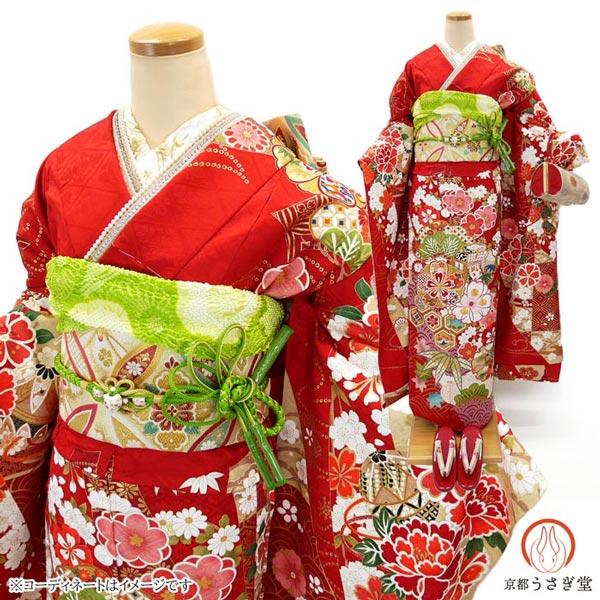 仕立て付き 正絹 振袖単品 f-022-t 赤色 古典柄 新品 熨斗目柄 金駒