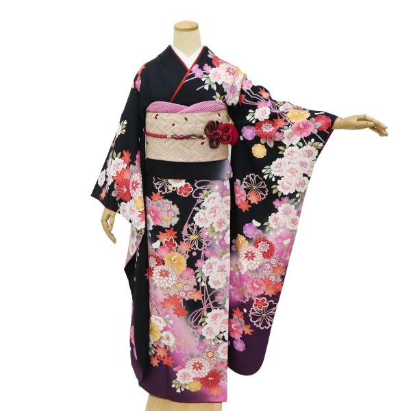 振袖 中古 販売 フルセット 正絹 一式 高身長 トールサイズ 黒 格安