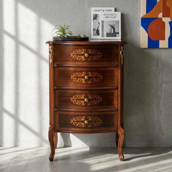 チェスト 木製 4段 完成品 茶 49cm 象嵌 ロココ調 イタリア 家具 猫脚