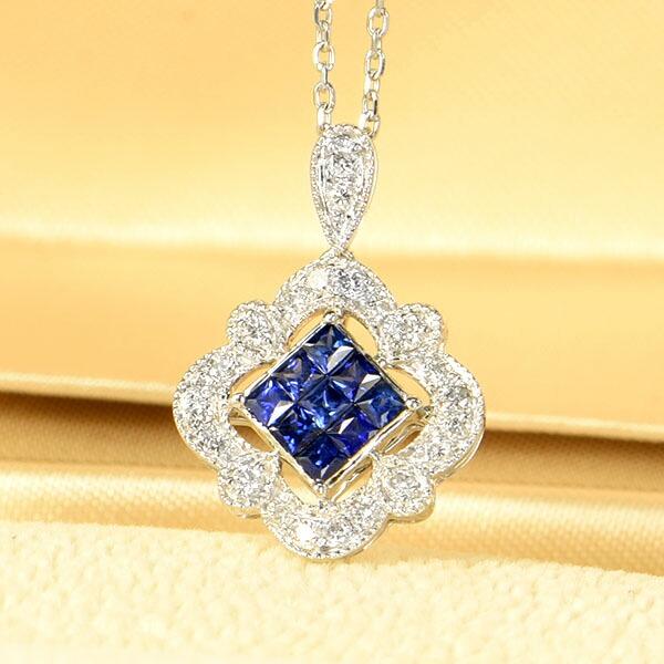 サファイア ダイヤモンド ネックレス K18 ホワイトゴールド 取り巻き