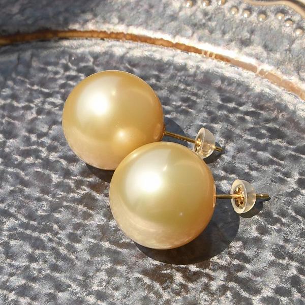 15mm シャンパンゴールド 白蝶真珠 ピアス イヤリング 鑑別書付き