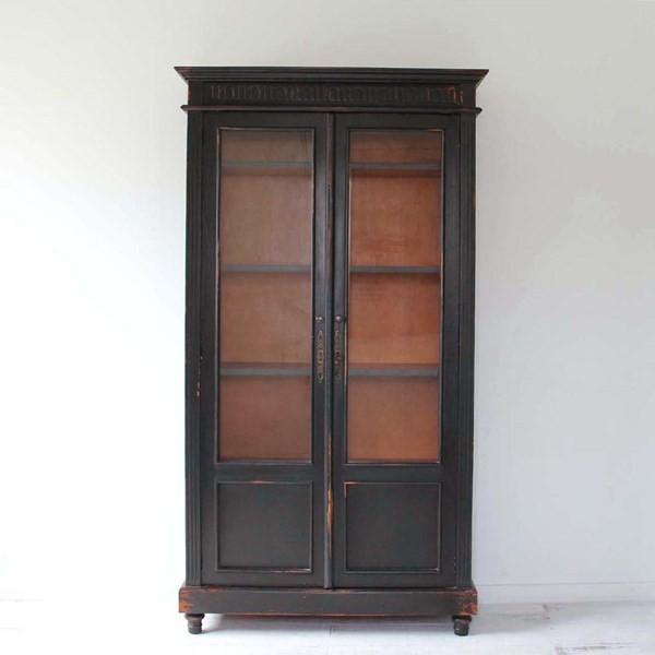 フレンチガラスキャビネット 収納 飾り棚 本棚 黒 木製 アンティーク
