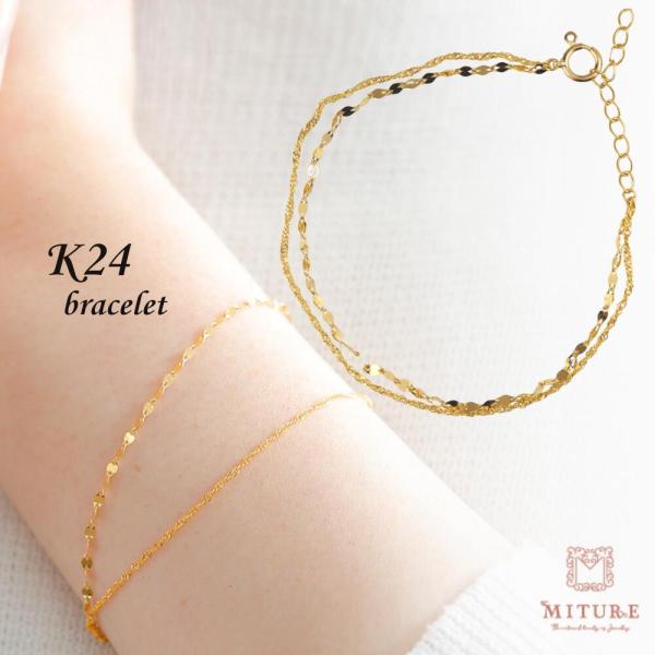 24金 ブレスレット 純金 k24 2連 18cm ペタルゴールド チェーン