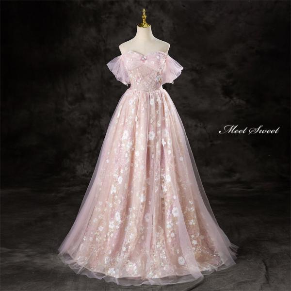 カラードレス ピンク フラワー 花柄 ウェディングドレス ロングドレス