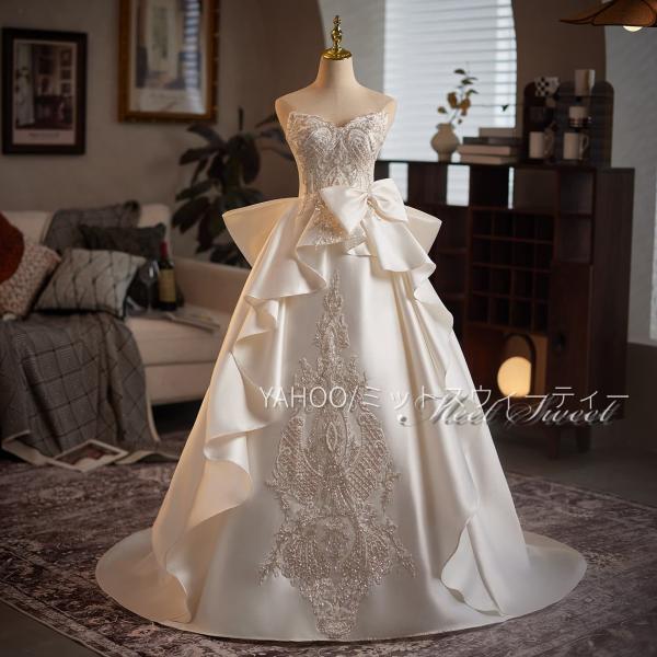 ウェディングドレス Aラインドレス リボン 王道 クラシカル サテン