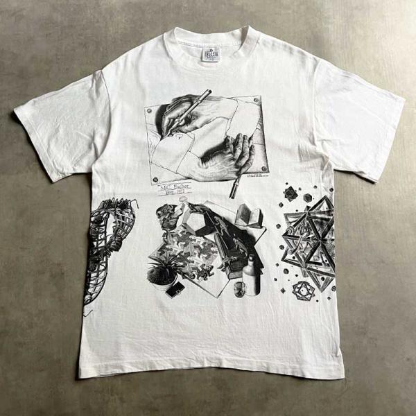 90'S M.C.ESCHER Multi Print T-Shirts Made in USA WHITE/L