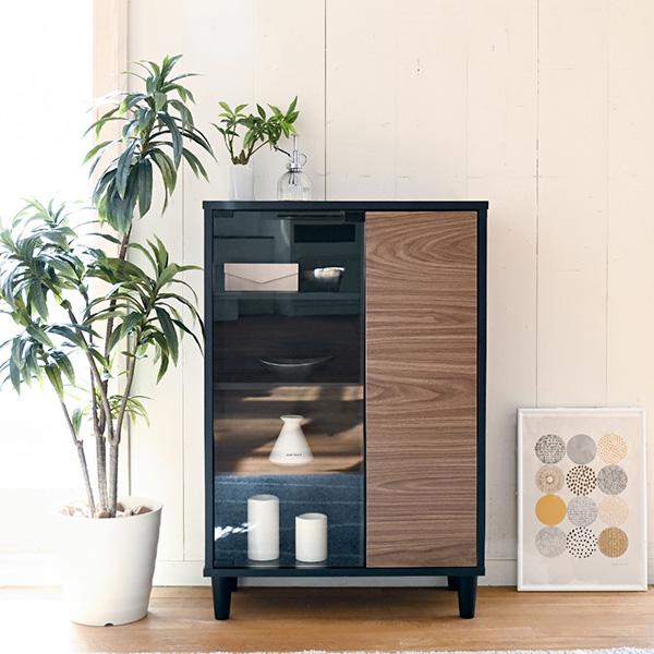 サイドボード 北欧 キャビネット ガラス扉 スリムラック 扉付き 木製