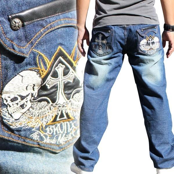 和柄 ジーンズ ドクロ刺繍ジーンズ ドクロ刺繍ジーパン【D1904