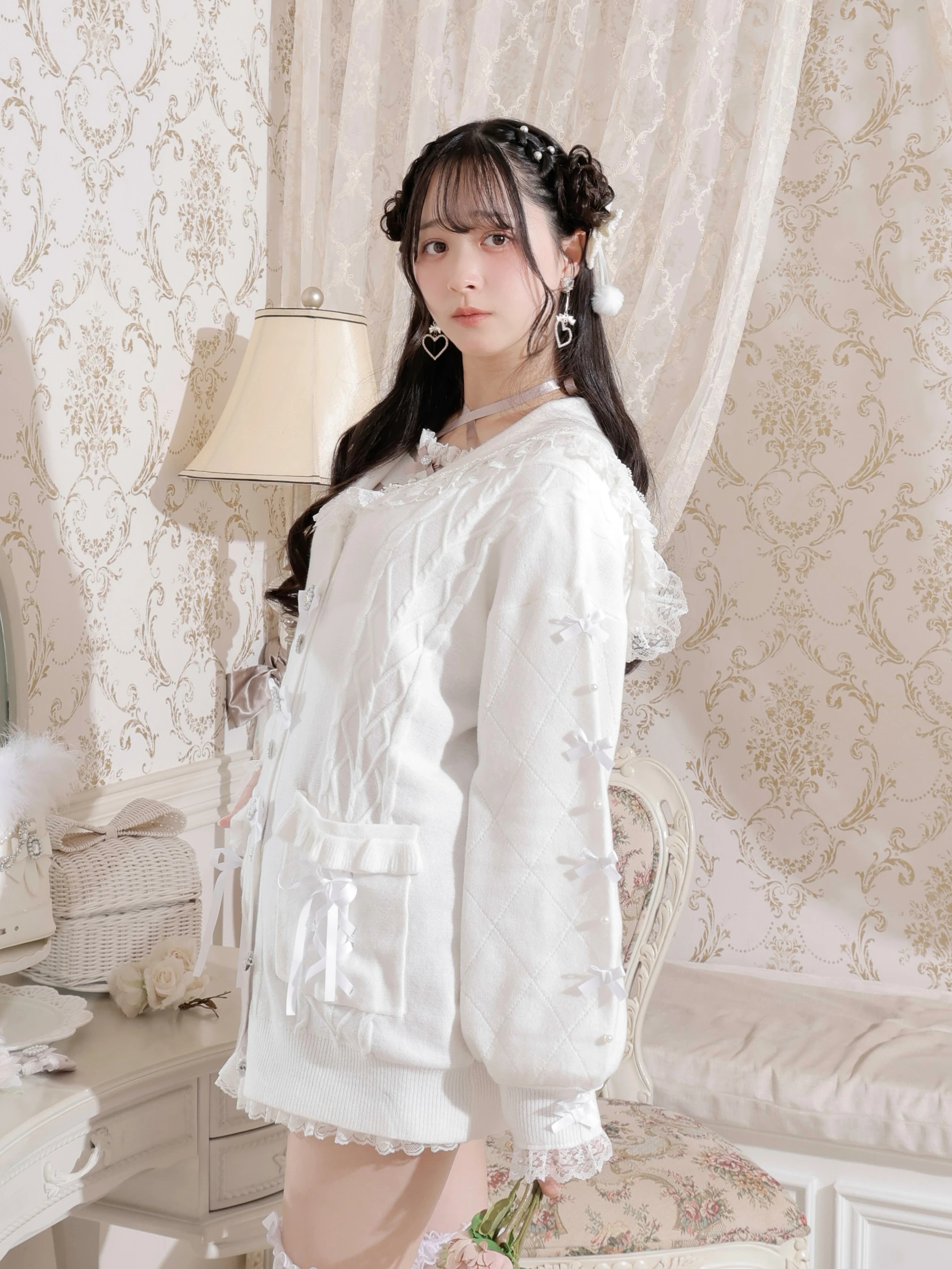 メニーリボンケーブルセーラカーデ（カーディガン｜黒・オフホワイト