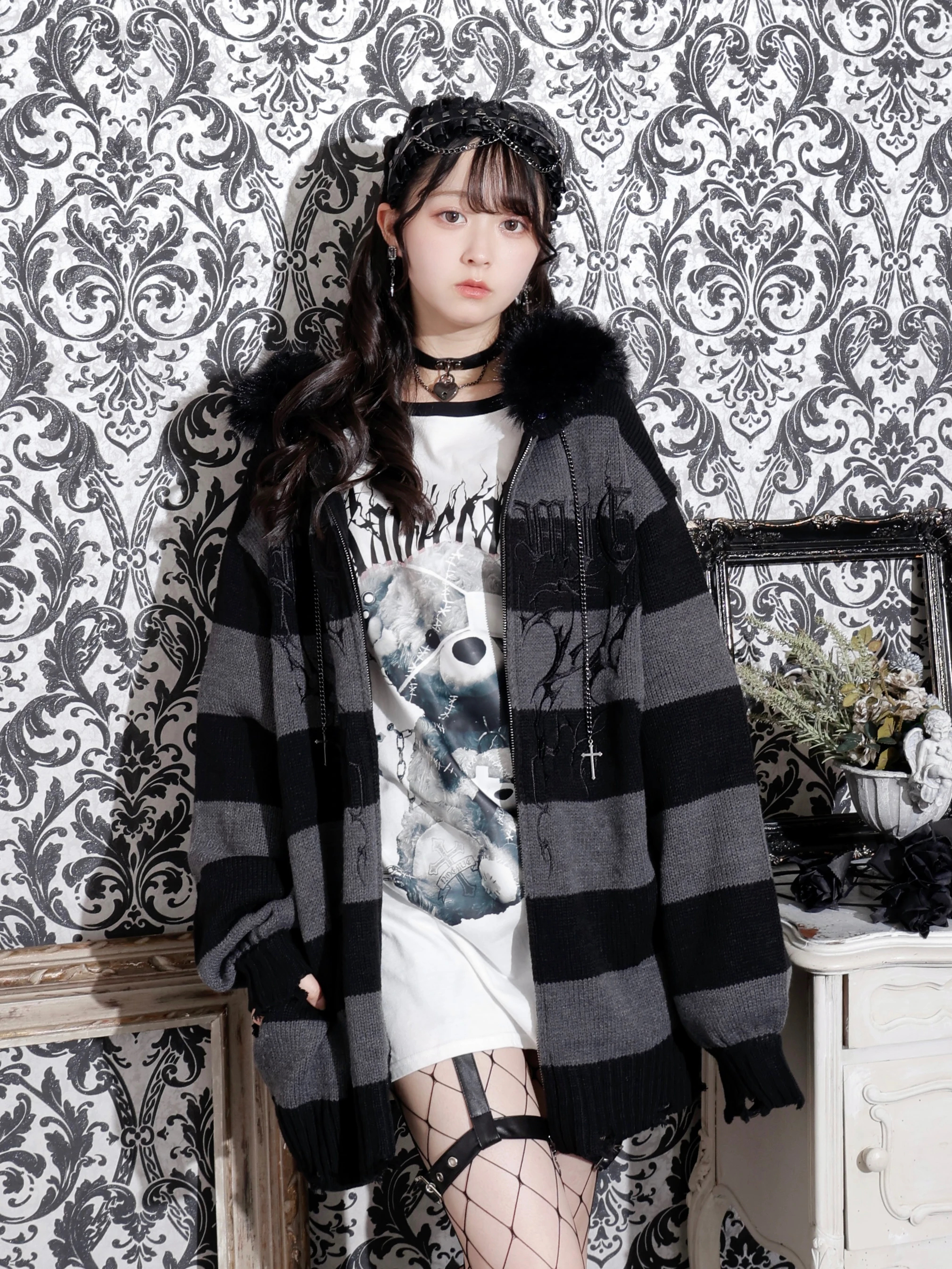 フードファーダメージユニセックスニットZIPパーカー（パーカー｜紫