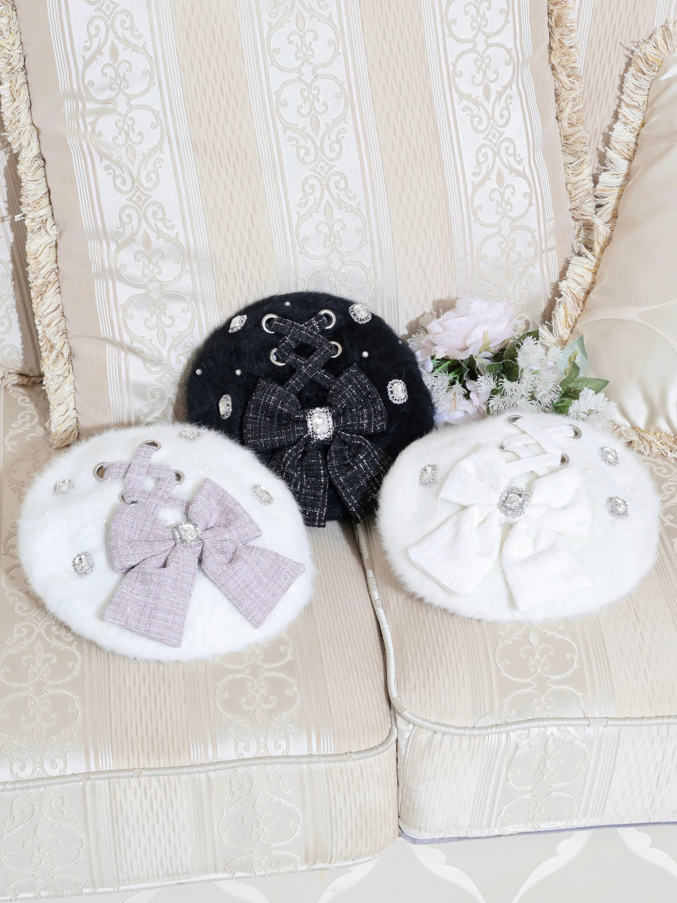 シャギーリボンベレー帽（帽子｜ピンク・黒・オフホワイト）｜【公式