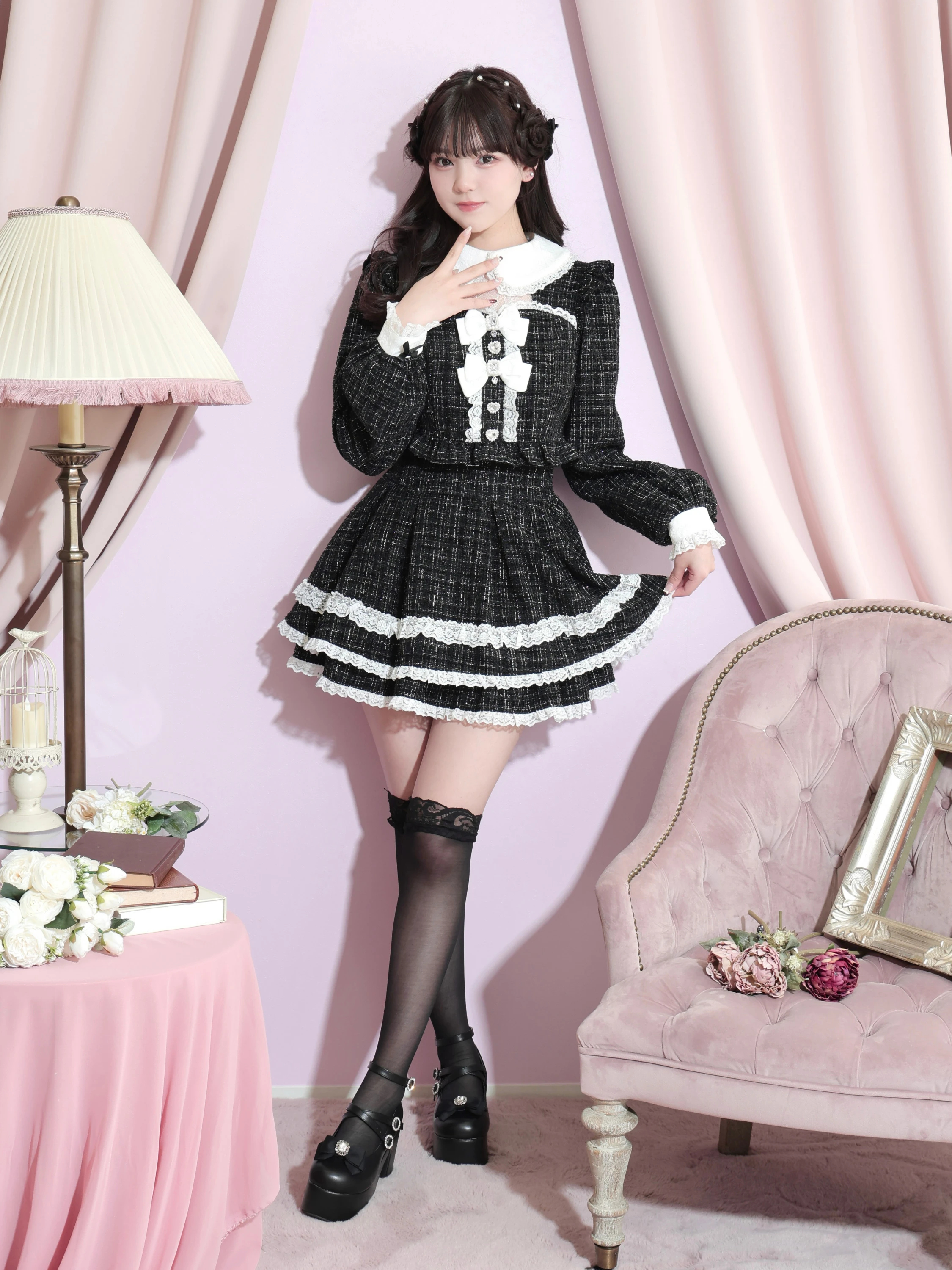 キラキラツイードデコルテレースセットアップ（セットアップ｜ピンク