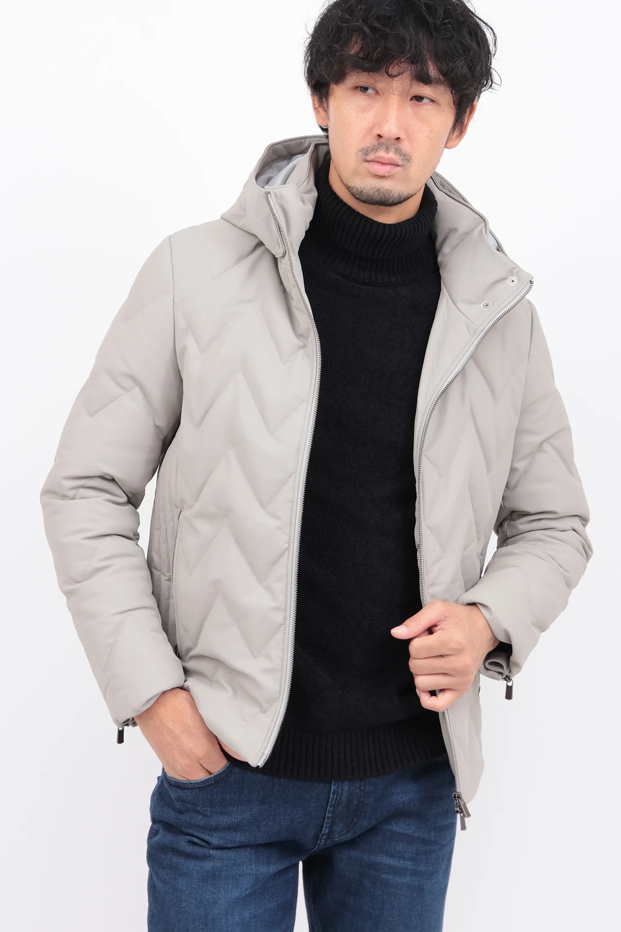 HIGH STREET∴キルトレザーフーデットダウンBL / HIGH