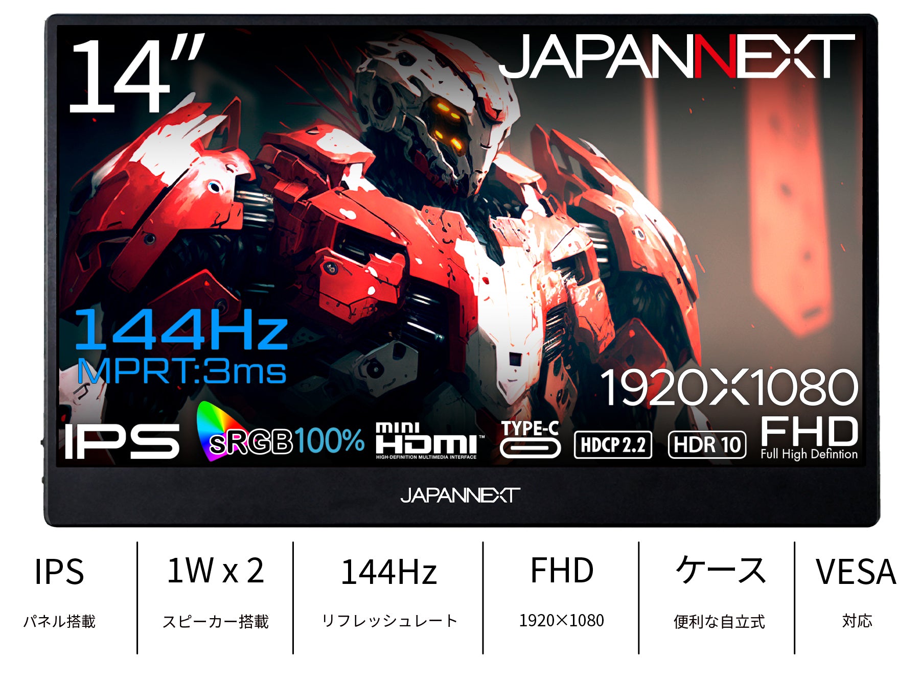 JAPANNEXT 14インチ IPSパネル搭載 144Hz対応 フルHDゲーミング